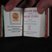 Load image into Gallery viewer, Levitan, Kalman. Miniature Books relating to Postage Stamps. Two volumes. 1983. with, Soliloquy of a Postage Stamp by Ernest W. Brady. Keepsake for Friends. 6 printed pages. 1978. Black Cat Press. Skokie. Illinois. Dos-a-dos-a-dos binding.