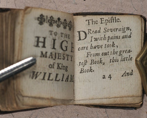 Thumb Bible. Verbum Sempiternum [and] Salvator Mundi, [by John Taylor]. F. Collins for T. Ilive. At the Nags-Head in Jewen Street. London. 1693.