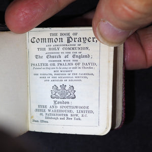 Book of Common Prayer and Administration of the Holy Communion According to the Use of the Church of England. Eyre & Spottiswoode Bible Warehouse Limited. 23, Paternoster Row, E.C. London, Edinburgh and New York. [1900].  Silver plaque.