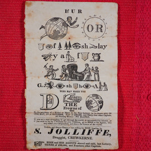 State Lottery Rebus. Published by Joseph Bish and his agent S.Jolliffe, Druggist, Crewkerne [Somerset]. Circa 1815.