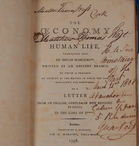 The Oeconomy [Economy] of Human Life, Translated From an Indian Manuscript, Written by an Ancient Bramin.  [DODSLEY, Robert] Publication Date: 1798 Condition: Fair