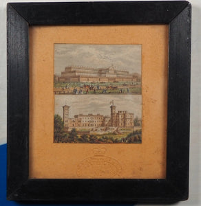 George Baxter, 1804-1867.  Two circa 1851 "Needle Box" miniature prints, of Crystal Palace and of Osborne House.